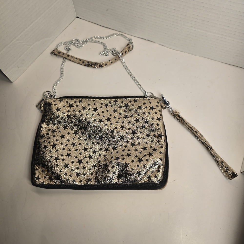 Bari‎ Lynn Gold Black Star Print Chain Strap Wristlet Clutch Handbag
